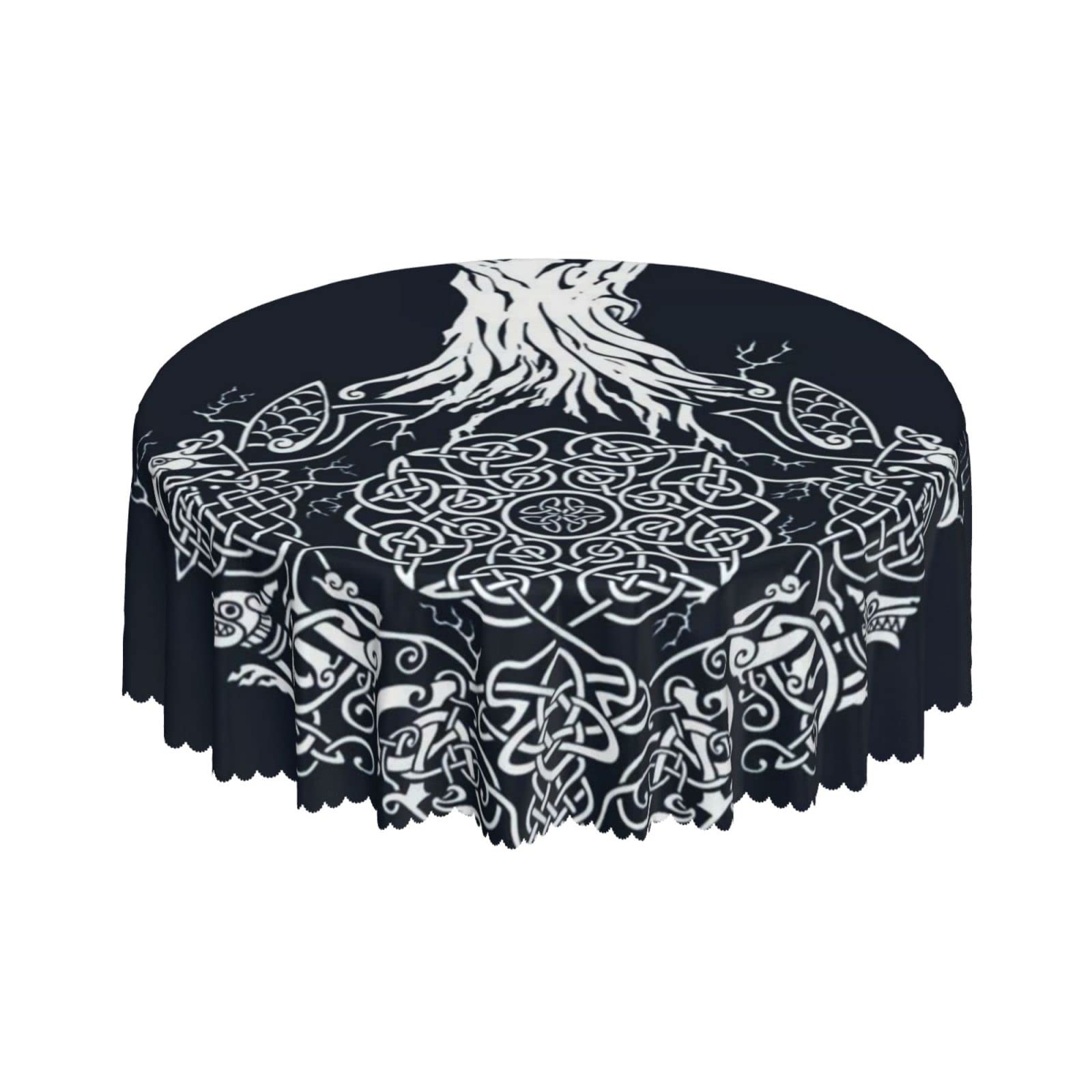 Lsjuee Viking Symbol Tree Black Round Tablecloth 60 Inch Printed Washable Tablecloth for Dining Party Holiday Fall Home Decorative