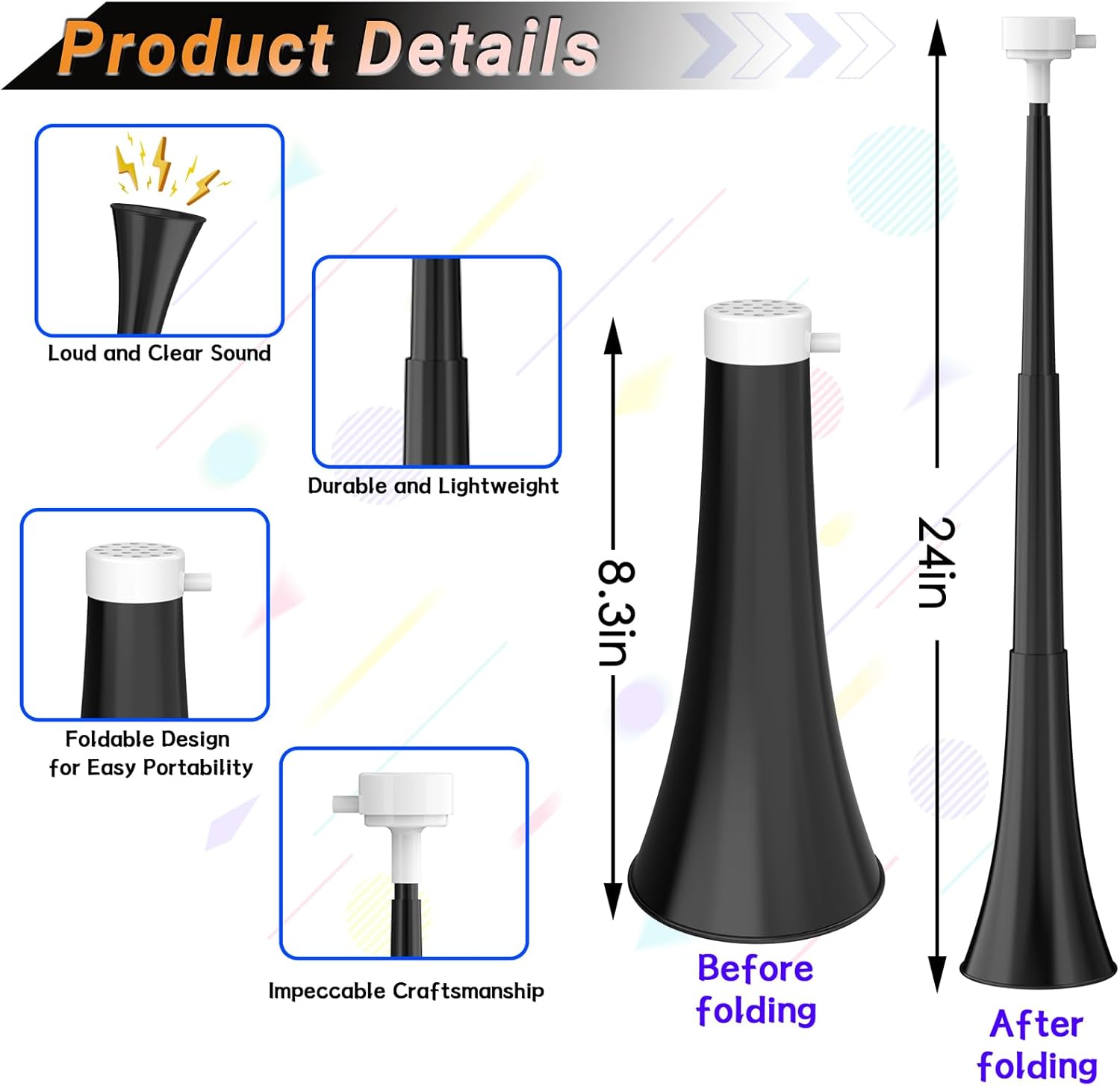 Collapsible Stadium Horn 24 Inch Vuvuzela Plastic Trumpet Blow Horn Noisemakers Loud Sound Soccer Horns for Sporting Events Graduation Games School Party Supplies Favors Accessories - 4PCS