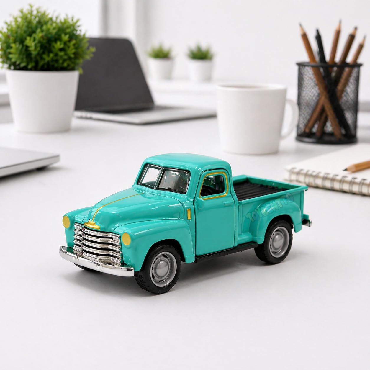 1:36 Scale Die Cast Pull Back Open Door Vintage Pickup Truck Toy Car for Kids Boys Girls | Metal Miniature Collectible Vehicle | Teal Classic Model Car Gift for Children-image-8