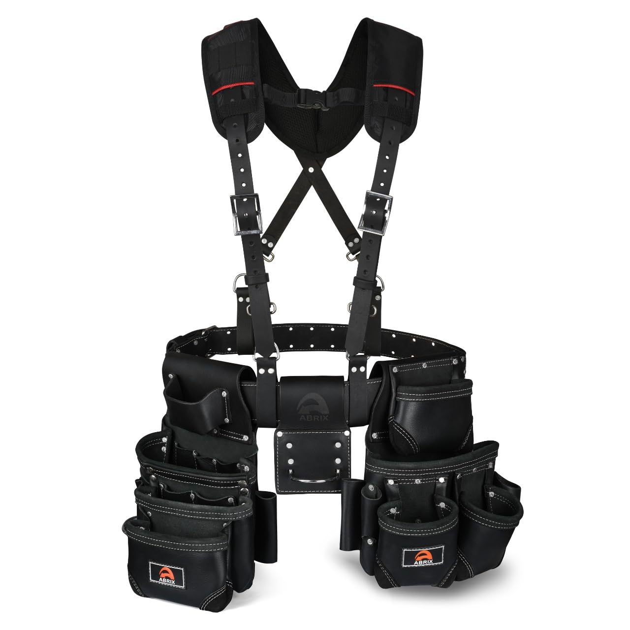 Ceinture à outils en cuir avec bretelles réglables et 28 poches noir