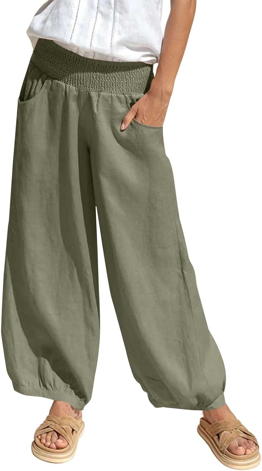 Generisch Linnen broek dames zomer lichte losse vrijetijdsbroek zomerbroek hoge taille linnen broek comfortabele katoenen broek elastiek stretch rechte pijpen mousseline broek strandbroek stoffen