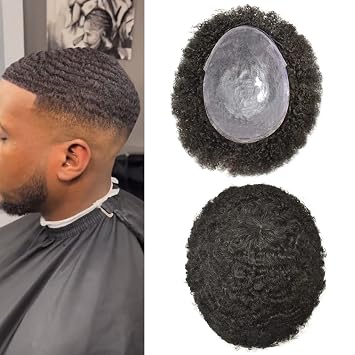 LYRICAL HAIR Man Weave Hair Unit Black Men 6mm-Wave Brazilian Hair Unit for American African Black Men Injection Full Poly Curly HairPieces #1B Off Black