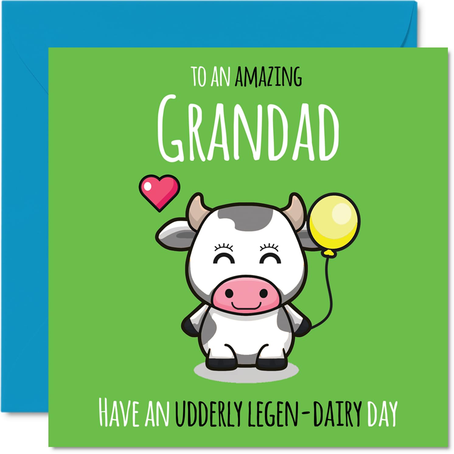 Grandad Birthday Card - Udderly Legen-Dairy - Happy Birthday Card for Grandad from Grandson Granddaughter, 145mm cute cow Bday Greeting Cards