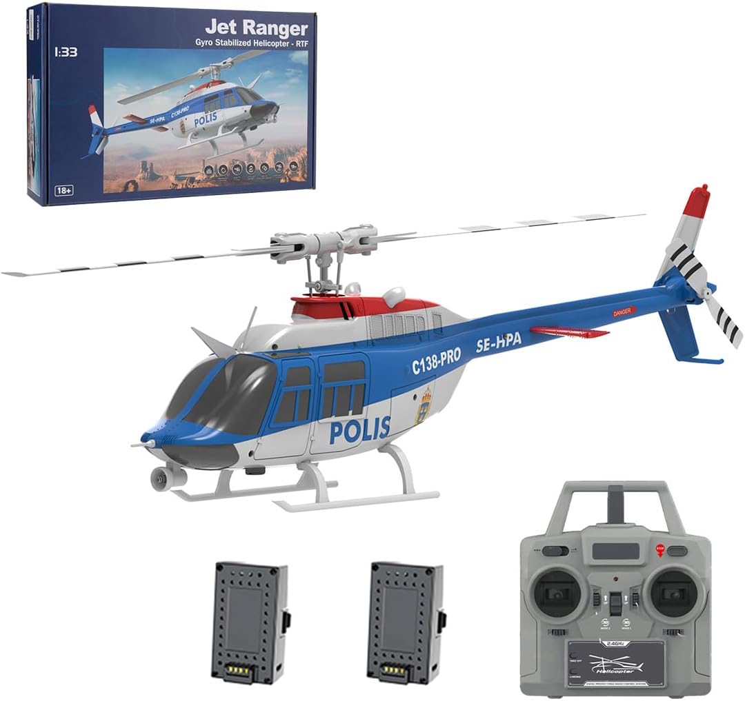 C138PRO 1/33 Bell 206 Remote Control Helicopter, 2.4G 6CH Flybarless Single-Rotor RC Helicopter Model with One-Touch Inverted Flight, RC Aircraft Gift for Adults -RTF
