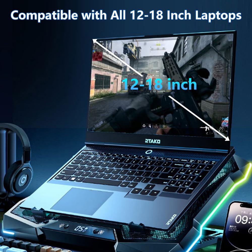 G-STORY RGB Base di raffreddamento per computer Portatile,per 12-18" Laptops, con 8 supporti regolabili in altezza, 10 ventole silenziose, 1 porte USB