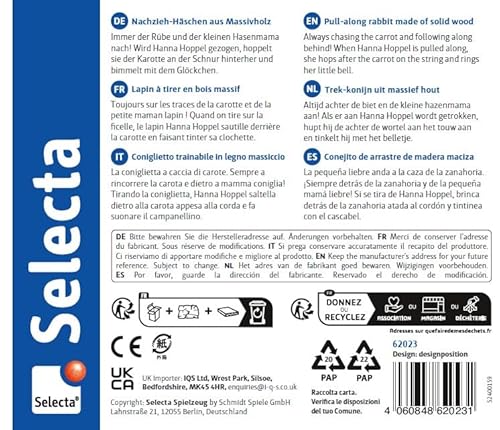 Selecta 62023 Hanna Hoppel, Nachzieh Hase, Schiebe-und Nachziehspielzeug aus Holz, 13 cm