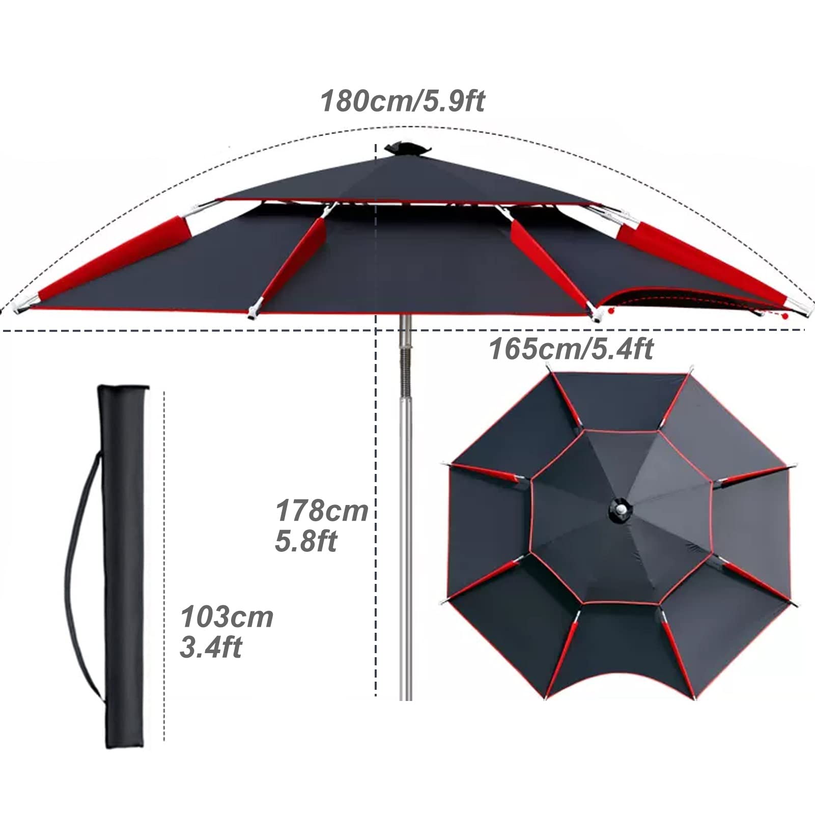 Sombrilla de Playa a Prueba de Viento con Ancla de Arena, Sombrilla Impermeable para Patio, Sombrilla de Pesca, 16 Varillas, Protección UV, Sombrilla de Mercado Inclinable Portátil ( Size : 180cm/5.9f
