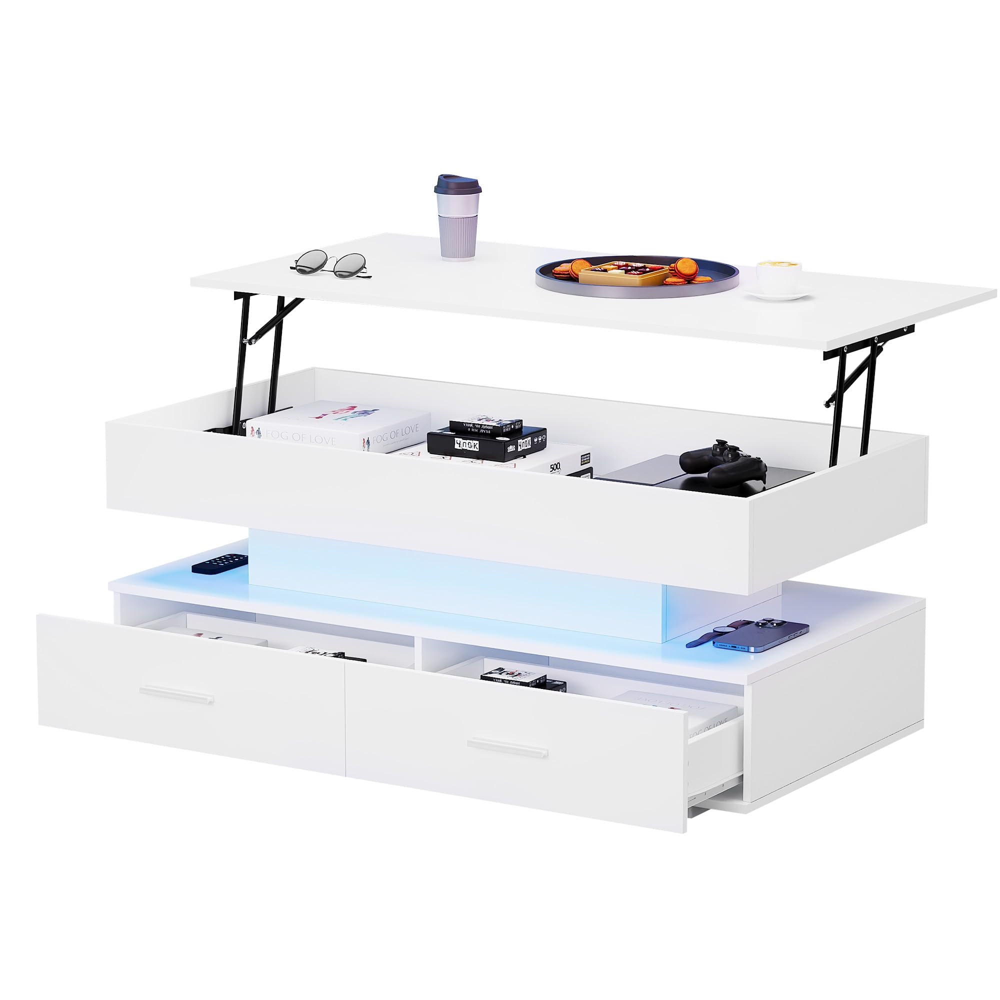 Mesa de centro hidráulica ajustable en altura, con iluminación LED, control por aplicación Bluetooth, 2 cajones y espacio de almacenamiento abierto, mesa de centro elevable (blanco)