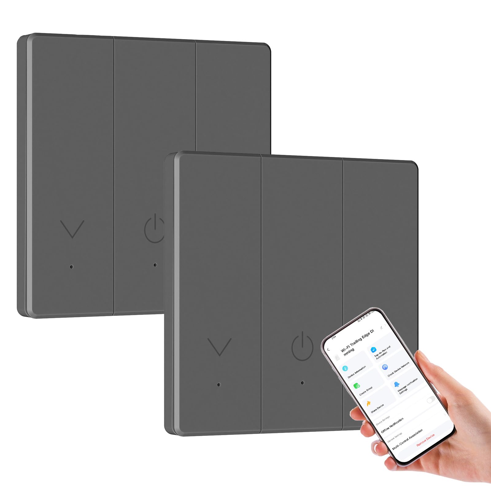 BSEED Smart Dimmer Switch 0-100% Dimming,Trailing Edge Dimmer 2 Way 2.4GHz WiFi,Works with Alexa,Google Home,Compatible with Dimmable LED,Halogen,Incandescent Lights,Grey 2 Pack