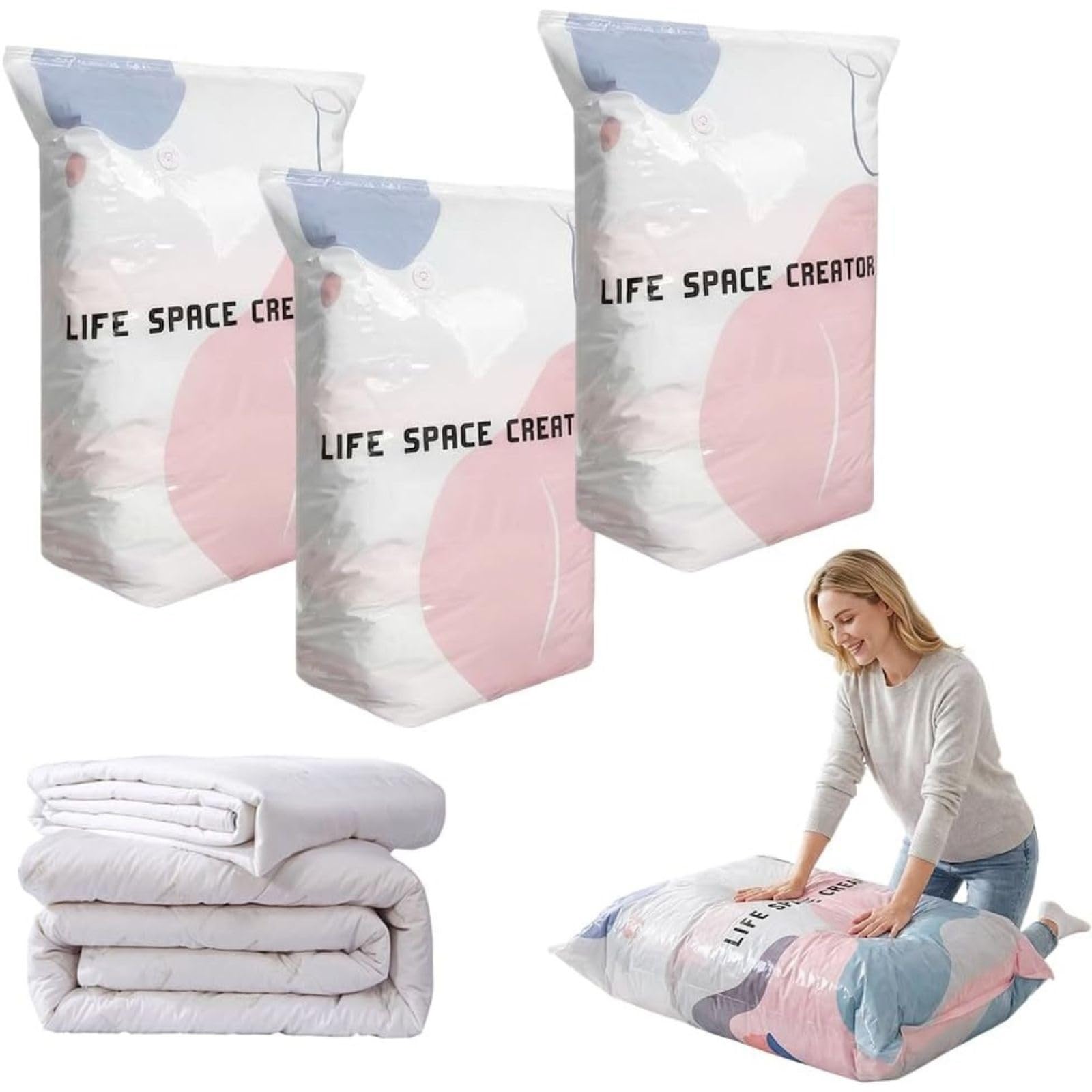 No Pump Vacuum Storage Bags Cube Compression Space Saver Press Seal For Clothes Bedding Comforters Blankets(3,Large)