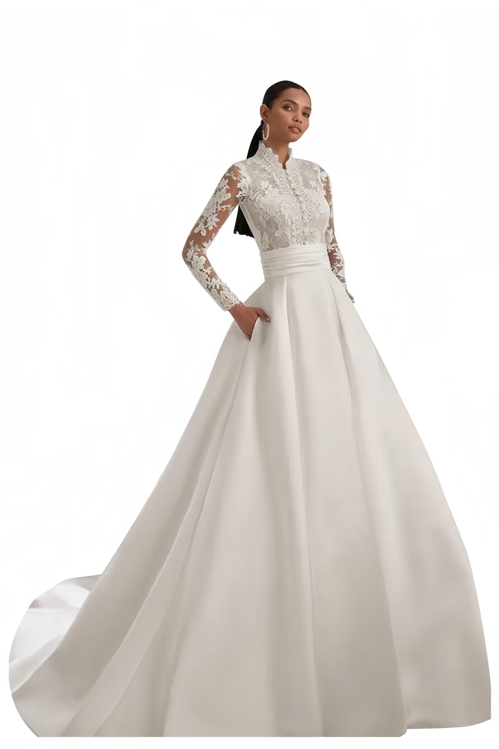 HUINI Satin Hochzeitskleider mit Stehkragen Spitzenapplikationen Lange Ärmel Brautkleider mit Schleppe