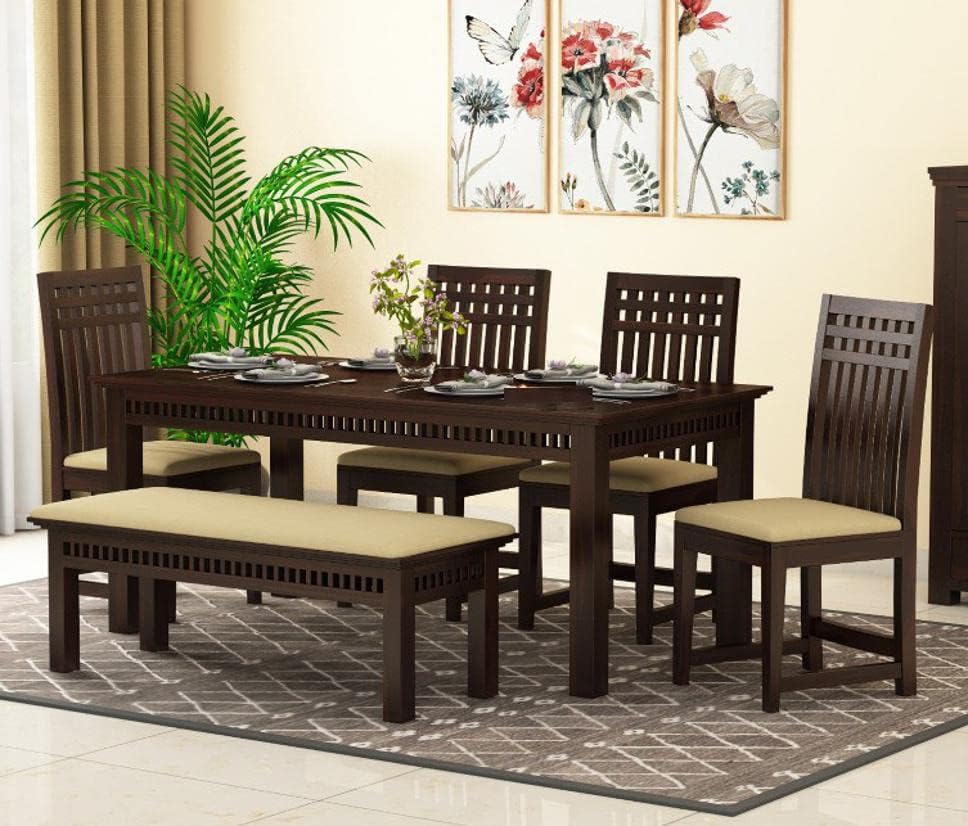 Image of Sheesham Wood 6 Seater Dining Table with 4 Cushioned High Back Chairs and 1 Bench for Living Room Home Wooden Dining Room Sets for Dinner Rooms (Mahoghany Finish)