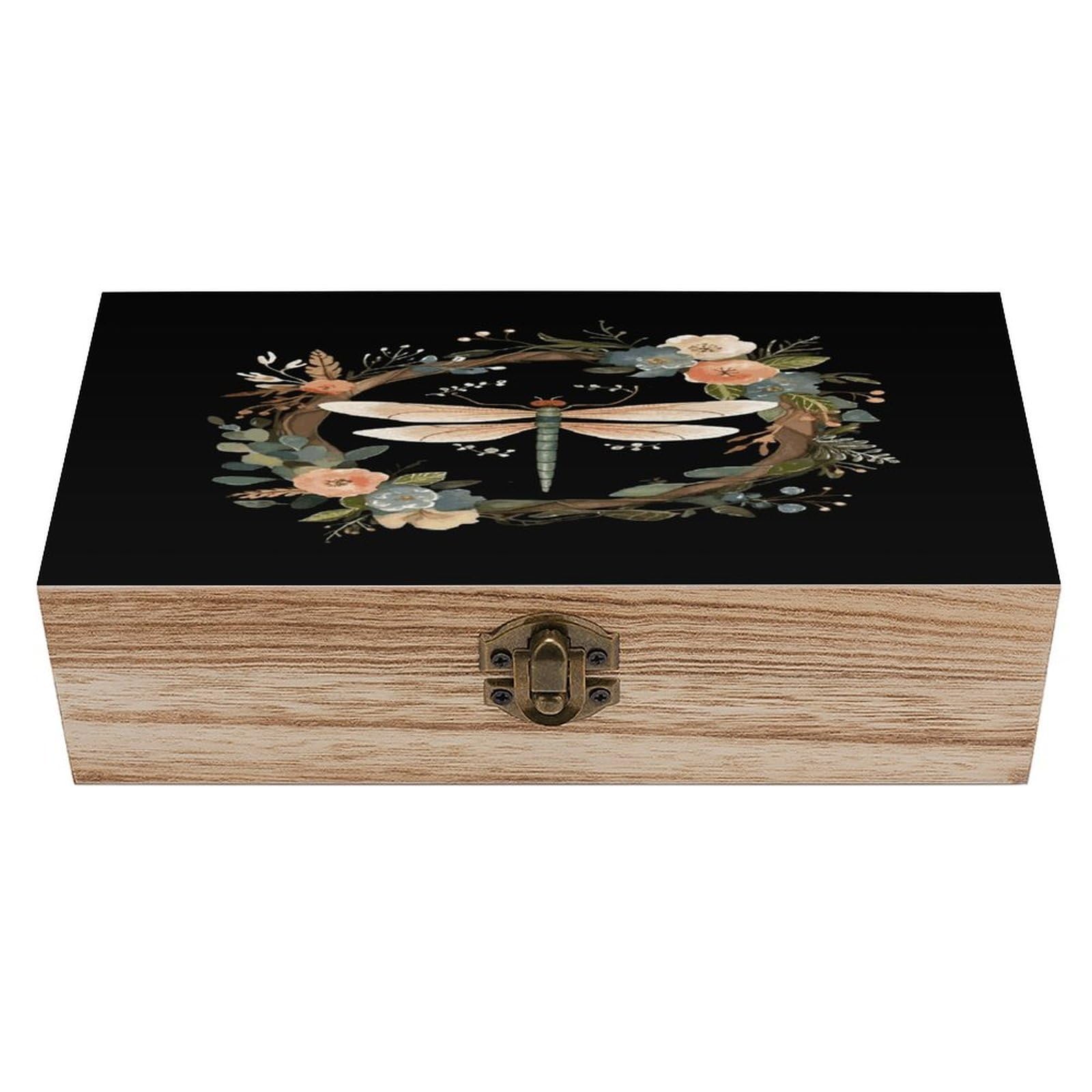 JTREHY Image of Dragonfly in Wreath Wooden Keepsake Box Vintage-Style Wood Keepsake Case with Hinged Lid Solid Wood Boxes Beautifully Memory Treasure Case Vintage-Style Wooden Storage Box