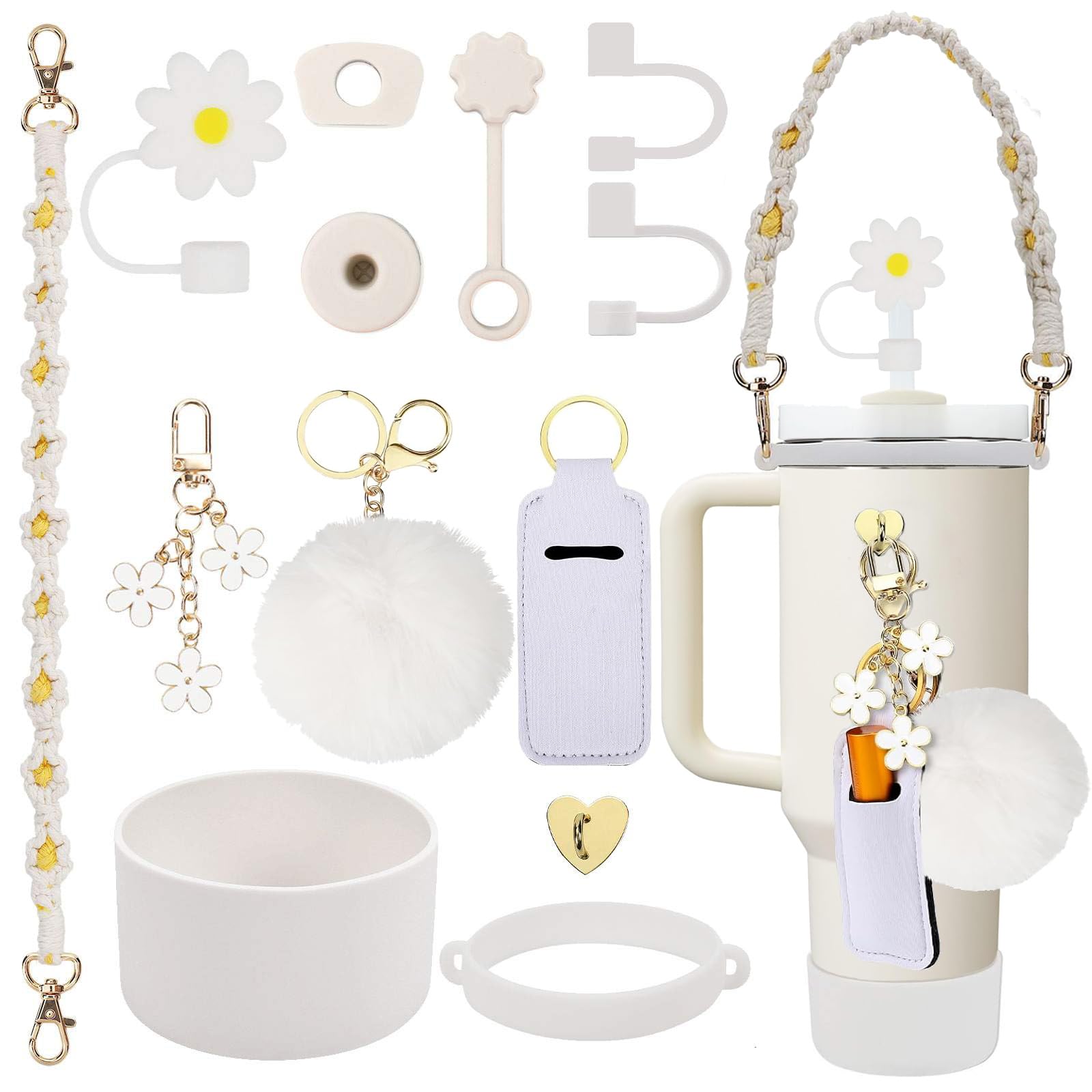 Stanley Cup Accessories Set Including 1 Pcs Water Bottle Handle Strap, 1 Pcs Siliocne Stanley Cup Boot, 1 Pcs Siliocne Straw Cover, 2 Pcs Stanley Charms for Stanley Cup 40 & 30oz Tumbler(White)