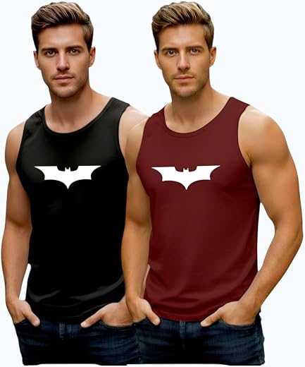 Adixus Men's Sleeveless Tank Top, Graphic Print, Black and Maroon, Pack of 2