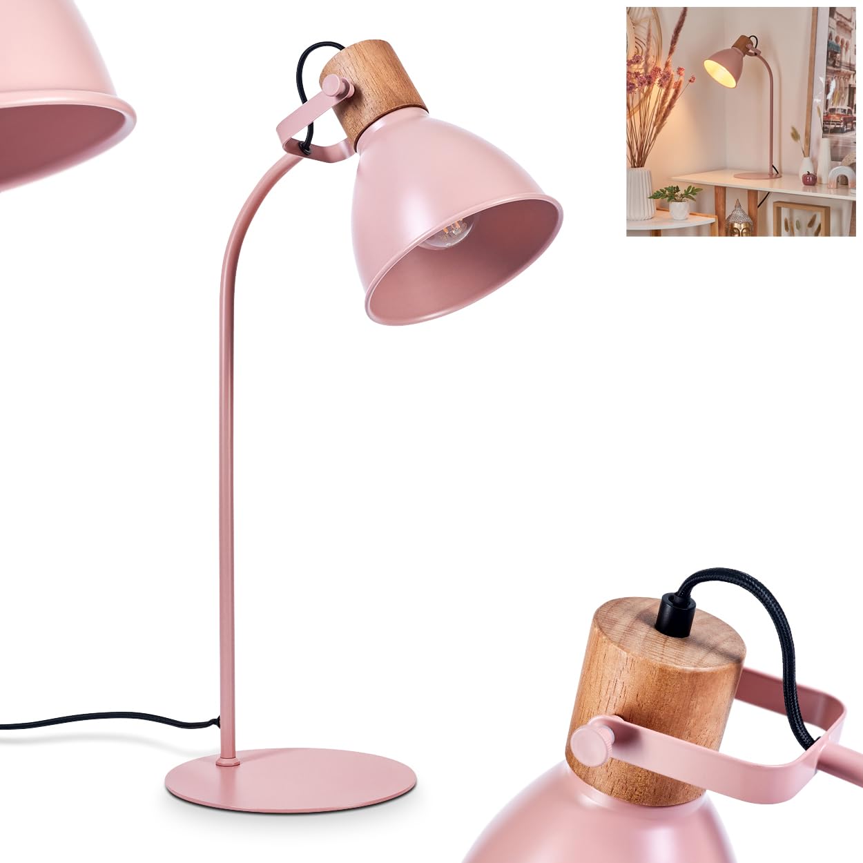 Tischeuchte Chipou, moderne Tischlampe aus Metall/Holz in Rosa/Pink/Natur, verstellbare Leseleuchte mit rundem Schirm (Ø 15 cm) und Schalter am Kabel, Höhe max. 51 cm, 1 x E27, ohne Leuchtmittel