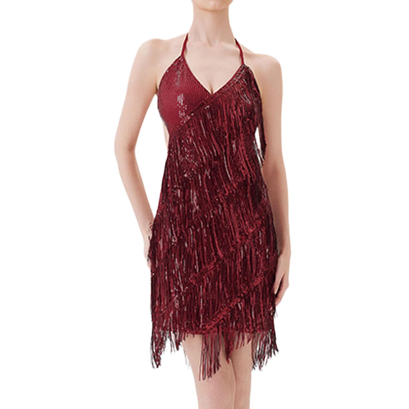 Generico Vestito Donna Carnevale - Vestito Donna Abito da Ballo Latino da Donna con Frange e Paillettes Abito da Festa Abbigliamento da Spettacolo
