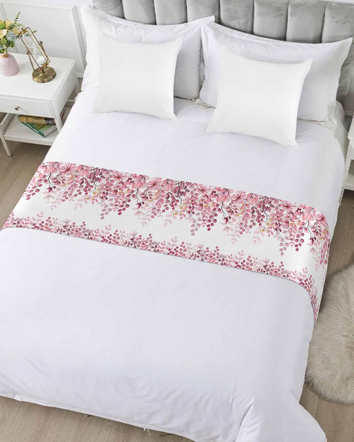 Pink Eucalyptus Leaves Bed Runner Scarf Bedding Accessory For Full Size Bed,Soft Bed Scarves And Runners Stainproof Dustproof Bedroom Protector For Hotel,Abstract Watercolor Branches 83"x20"