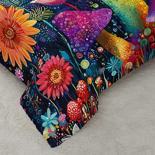 Image of AILONEN Cartoon Magic Mushroom Comforter Sets Full Size,Fantasy Floral Bedding Sets for Teens Adults,Soft Microfiber 3-Piece,1 Quilt + 2 Pillowcase