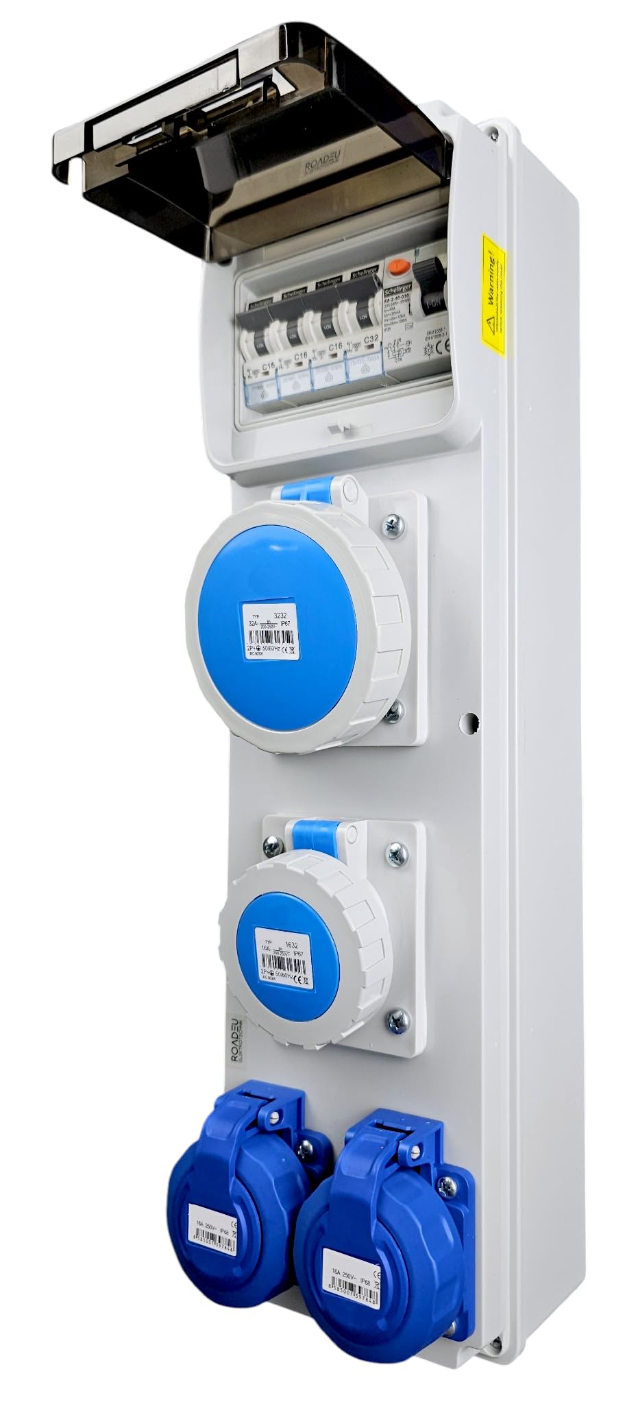 RoadEu Cuadro eléctrico 230V IP65 con diferencial 40A 30mA y magnetotérmicos | 1 toma CEE 32A, 1 CEE 16A y 2 Schuko | precableado para obra, taller y exterior