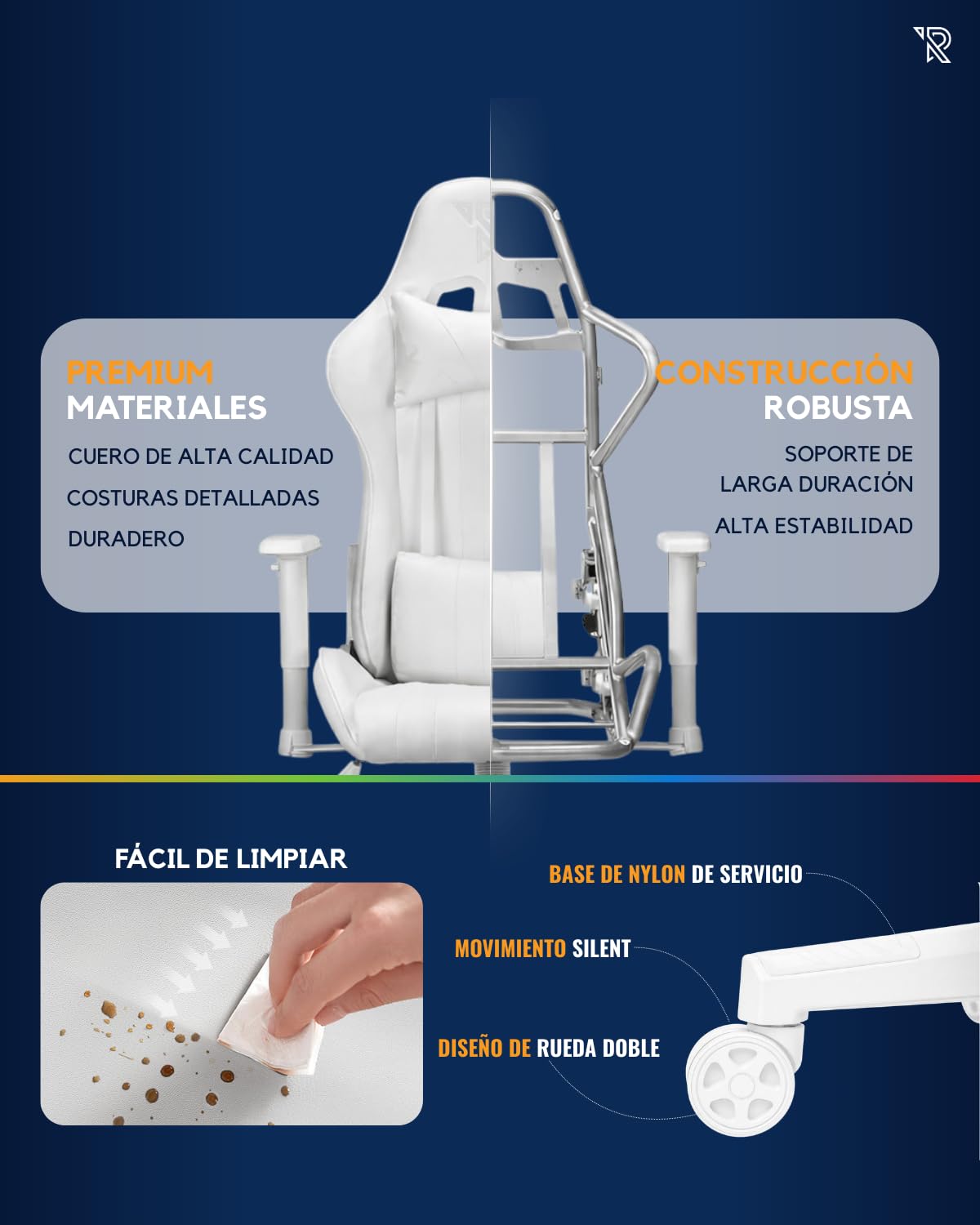 Felix Original Silla Gaming Ergonómica con Cojines Lumbar y Cervical, Reclinable, Reposabrazos 2D, Diseño Racing, Cuero Sintético Resistente, Ideal para Esports y Oficina, Blanco