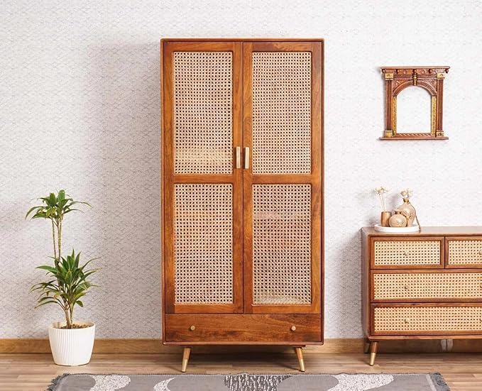 Image of Solid Wood Brown Finish Cane Wardrobe with Rattan Doors & Drawers | Almirah for Living Room, Dining Room, Bed Room & Guest Room| (H-Hony)