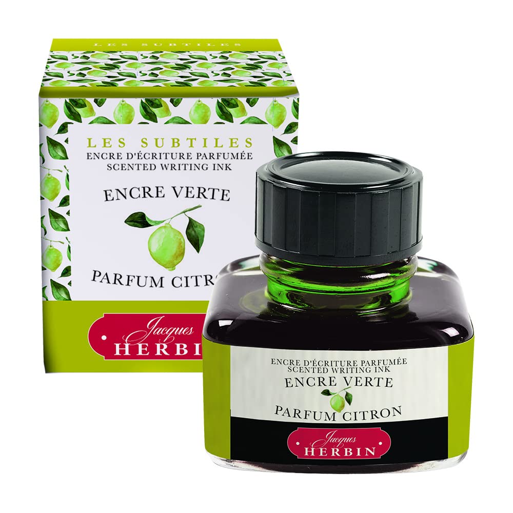 Jacques Herbin 13736T - ''Les subtiles'' scented ink bottle for fountain pens and rollerball pens 30 ml, Green ink and Lemon scent. Made in France calligraphy