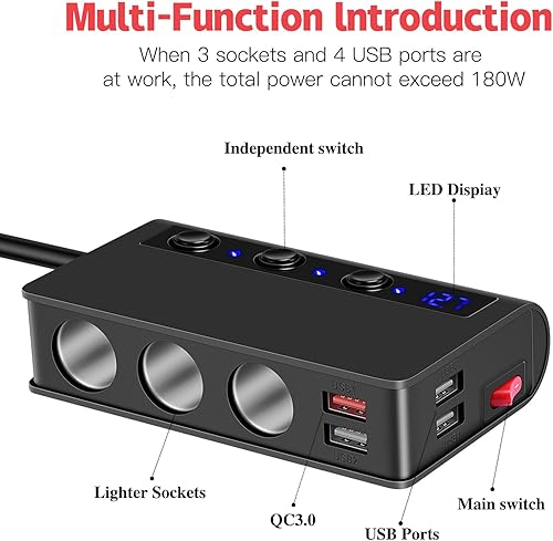 Miniatura 2 de Amiss Toma de corriente continua para automóvil de 3 enchufes con adaptador de encendedor de cigarrillos 4USB, 180 W, 12 V/24 V, cargador de coche