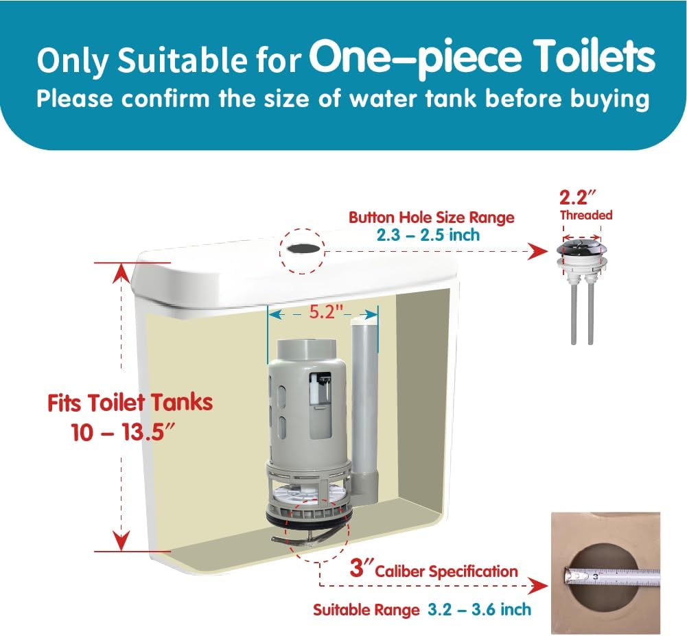 3-Inch Dual Flush Valve Replacement Kit for One Piece Toilet: Include 8" Height Flush Valve, 2.2" Threaded Button, Fill Valve. Fits Tanks 10-13.5" Tall, Drain Holes 3.2-3.6"