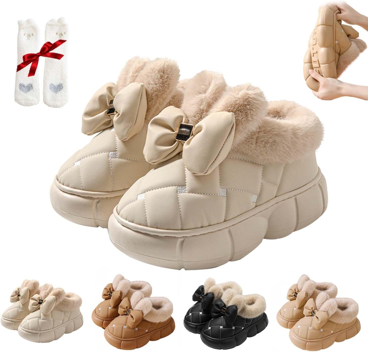 Cute Bowknot Pattern Fuzzy Winter Home Slippers