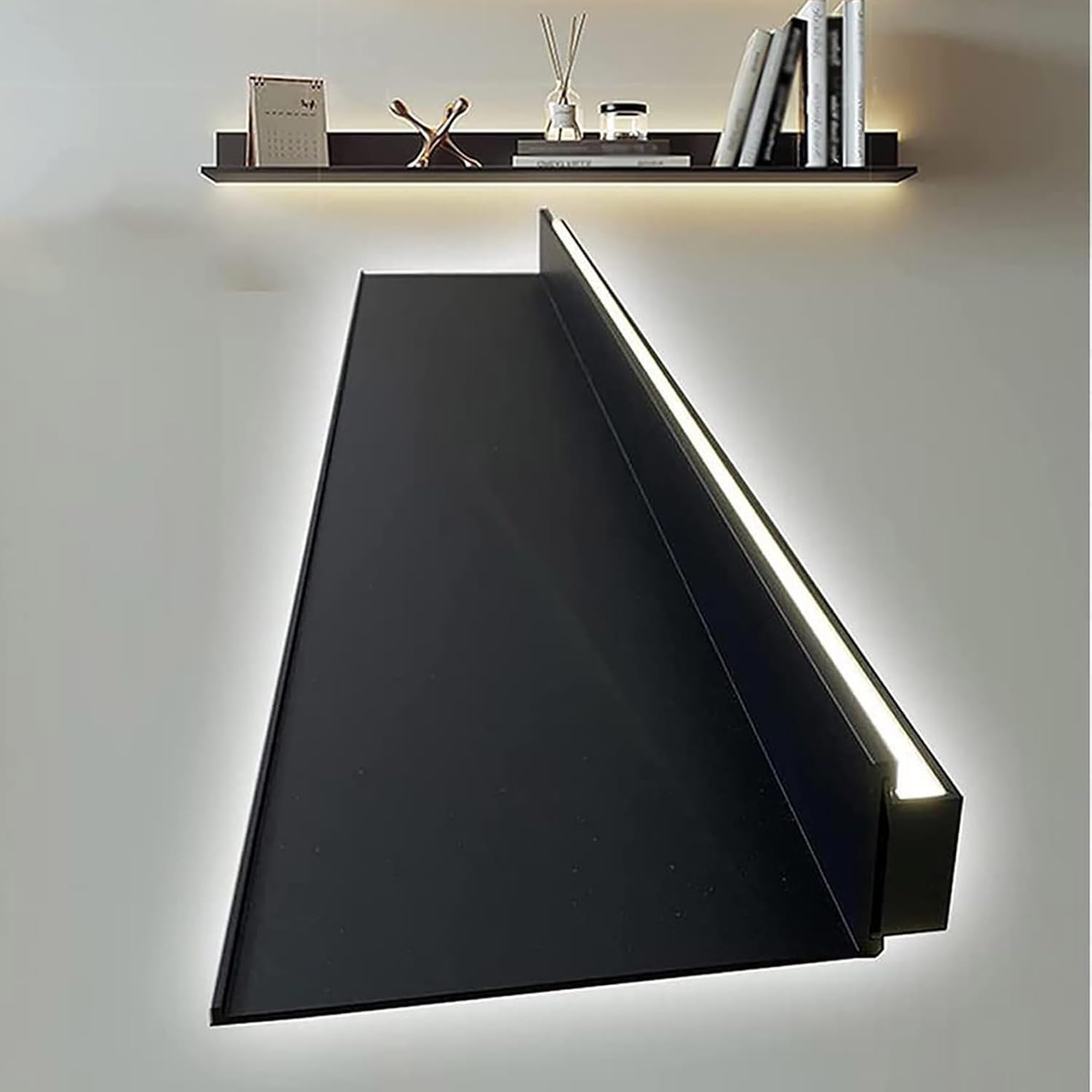 CWCQGH Floating Shelves with Led Lights,Heavy Duty Metal Display Shelf,Wall Mounted Aluminum Alloy Plant Shelf or Bookshelf,Lighted Display Stand for Entrance Bar Countertop Bat,Black-60cm/23.6in