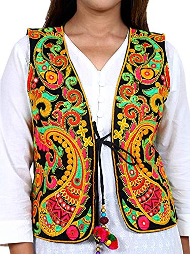 Image of Craft Trade Women's Cotton Embroidered Kutchi Jacket with Tassels Sleeveless Mirror Work