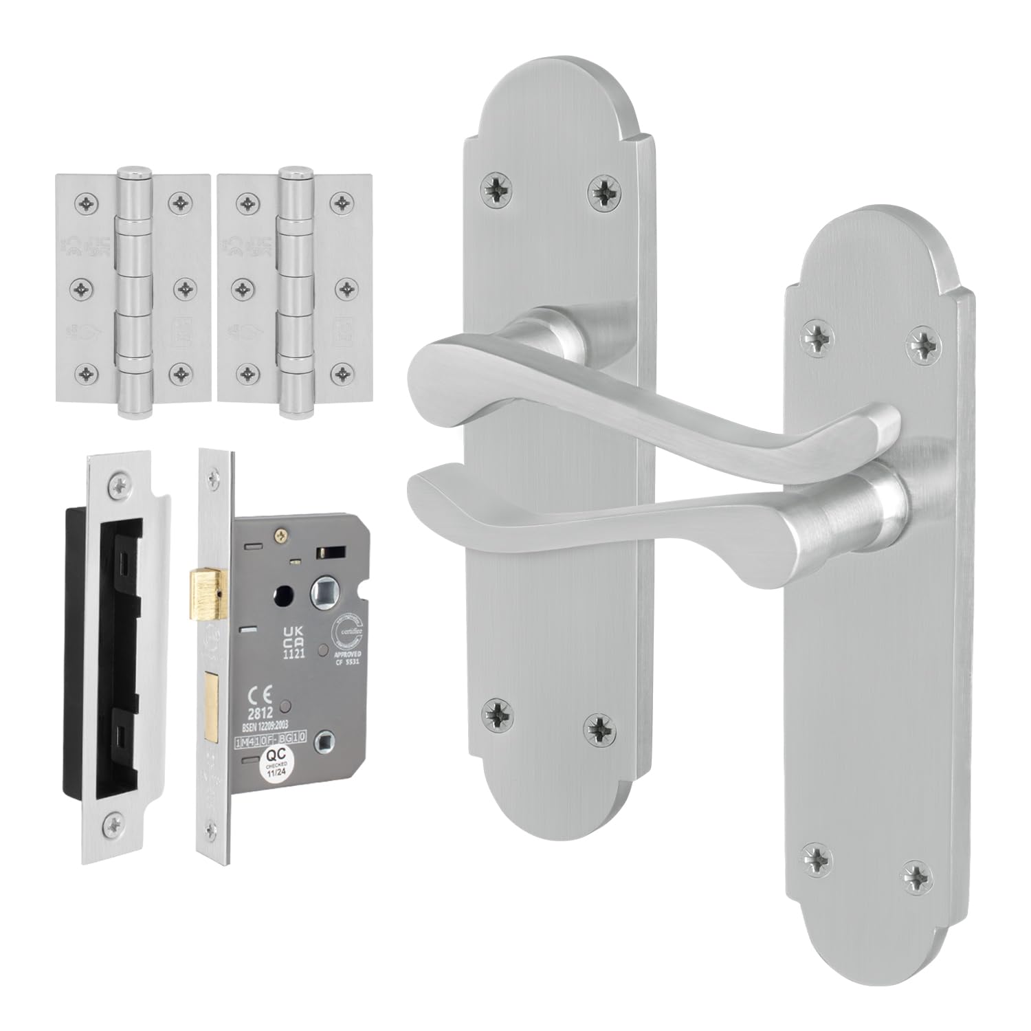 EAI Satin Bathroom Door Handle Set, 1 Pair Internal Satin Chrome Victorian Scroll Shaped Handles, Hinges and Lock 80mm