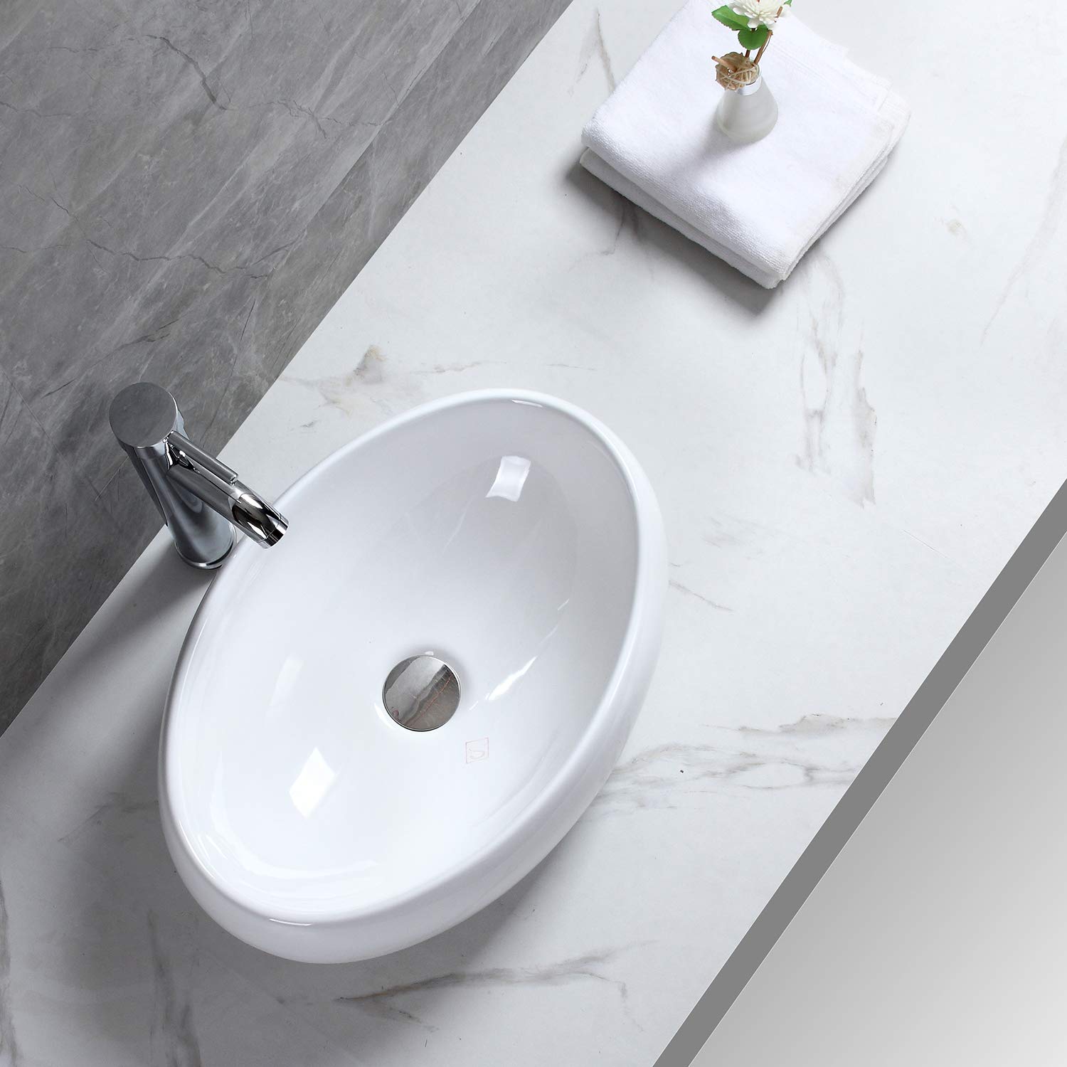 Lavabo de Cerámica Lavabo de Recipiente Ovalado de Blanco Lavabo Sobre Encimera Para Guardarropa Baño Cocina