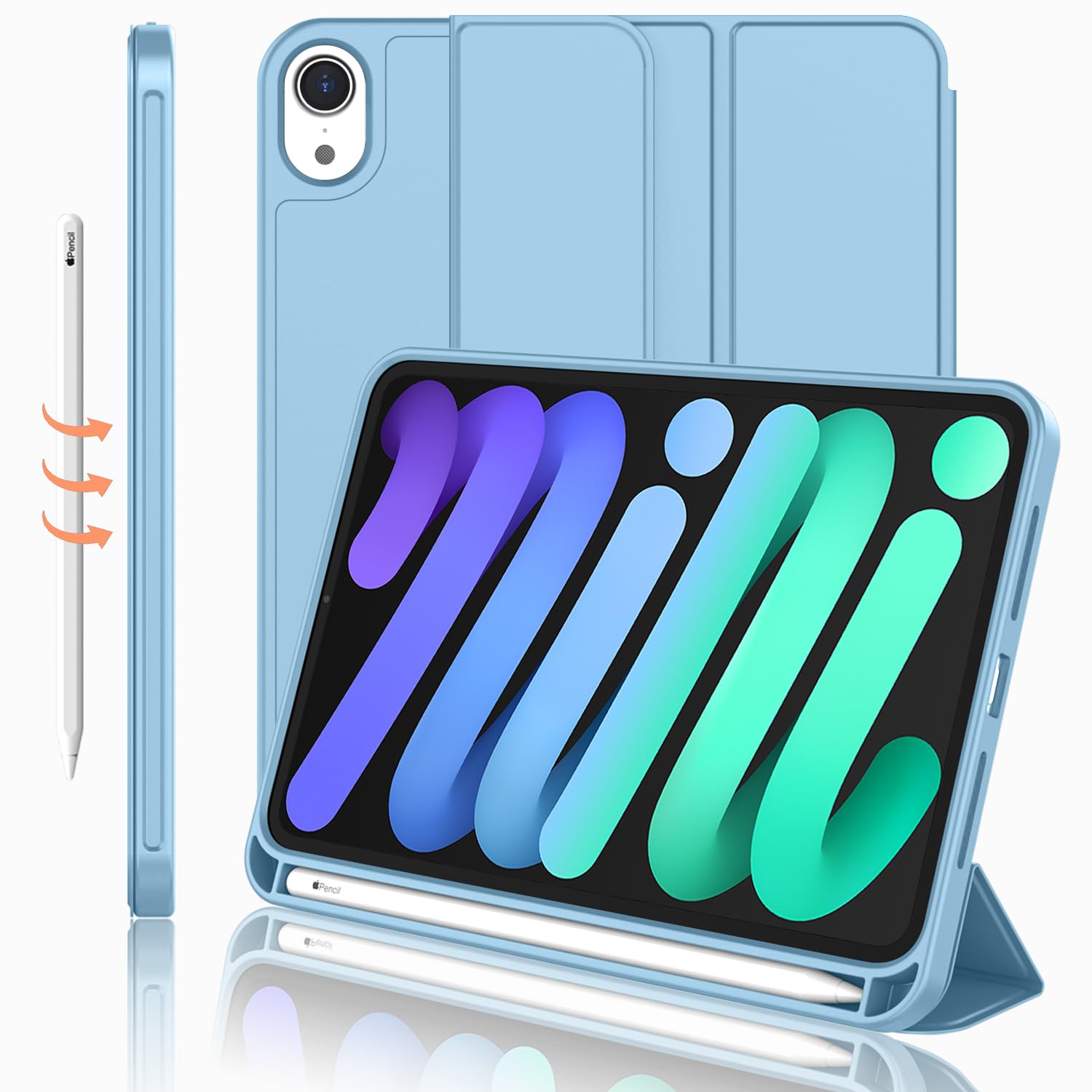 iPad Mini 7 Case 2024 (A17 Pro), iPad Mini 6 Case (8.3-Inch,2021 Model), iPad Mini 7th/6th Generation Case with Pencil Holder, Trifold Stand Smart Case with Soft TPU Back,Azure...