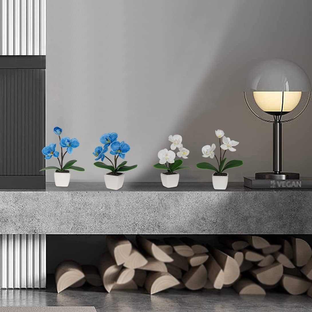 Set of 4 Mini Fake Potted Orchid Flowers in White and Blue- Perfect for Home, Office, Bathroom Decor - Artificial Orchids with Ceramic Pots