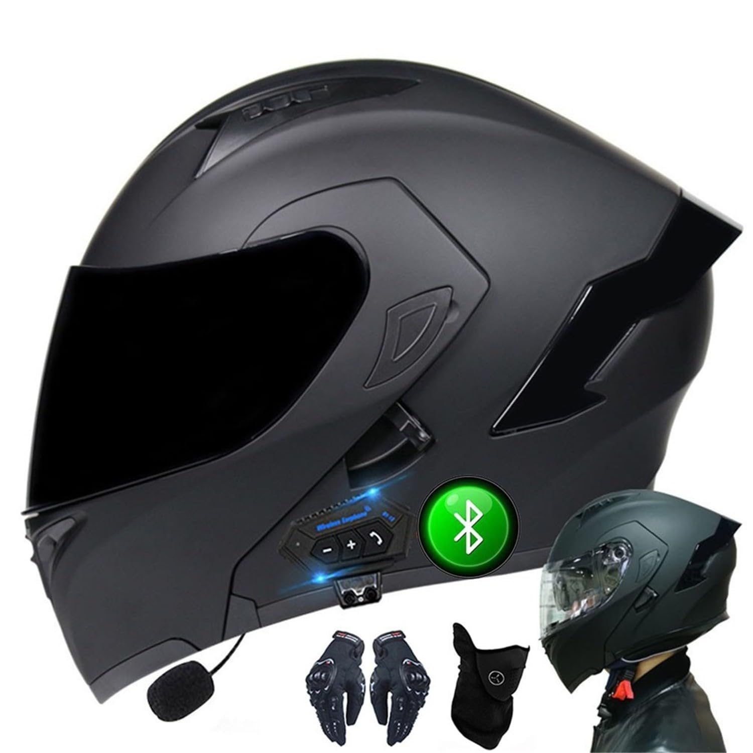 CNNGU Motorcycle Bluetooth Helmet With Gloves And Face Cover, DOT/ECE Approved Flip-up Helmet Modular Helmet, Double Sun Visor Full Helmet, Removable And Washable Lining
