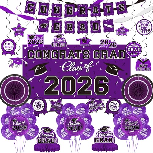 Purple Themed 2026 Graduation Decorations Set - Congrats Grad Banner Class of 2026 Backdrop Balloons & Streamers Kit - Complete Party Supplies for High School & College Celebrations