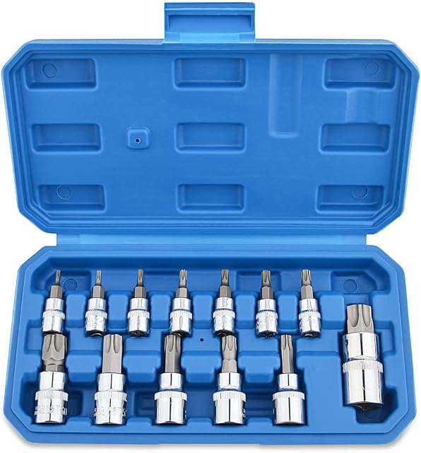 Gunpla 13 Pieces Torx Bit Socket Set T8  T70 Chrome Vanadium Steel 1/4, 3/8 and 1/2 Drive Heavy Duty Star Sockets Tools
