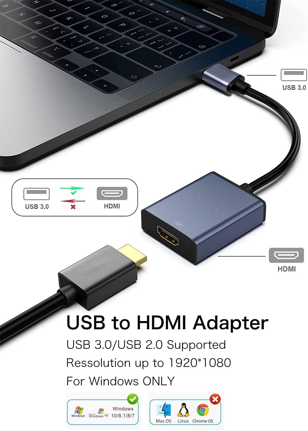 KLOMIER USB to HDMI Adapter - 3.0/2.0 Multi-Monitor Cable,Compatible with Windows 7/8/10/11 and MacOS for Multiple Monitors - 3