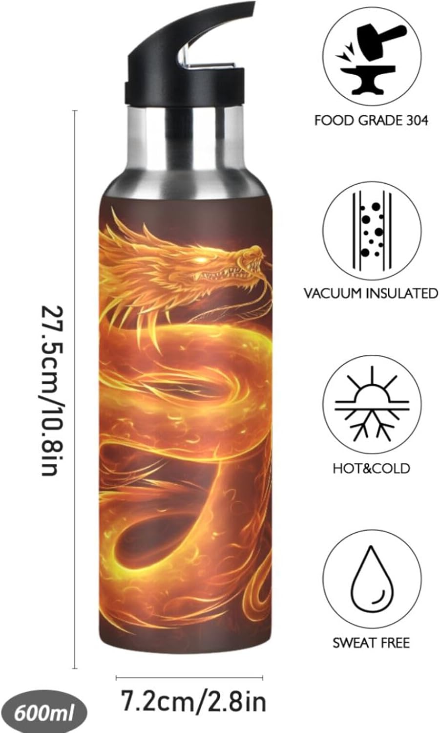 Dragon Water Bottle for Boys - Insulated Stainless Steel Flask with Straw Lid - Leakproof 20 oz
