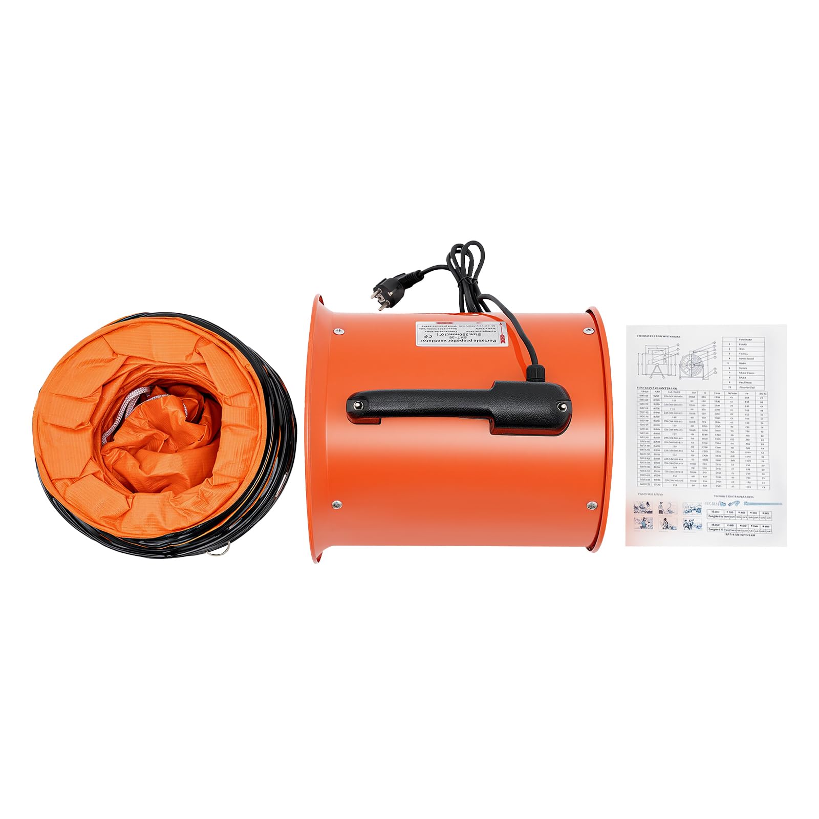 Bauventilator 250mm 320W Gebläse mit 10m Schlauch 1517CFM | 10m PVC-Schlauch inklusive, Reinkupfer-Motor 320W, 2800/3300rpm zwei Geschwindigkeiten, IP44 wasserdicht & stoßfest