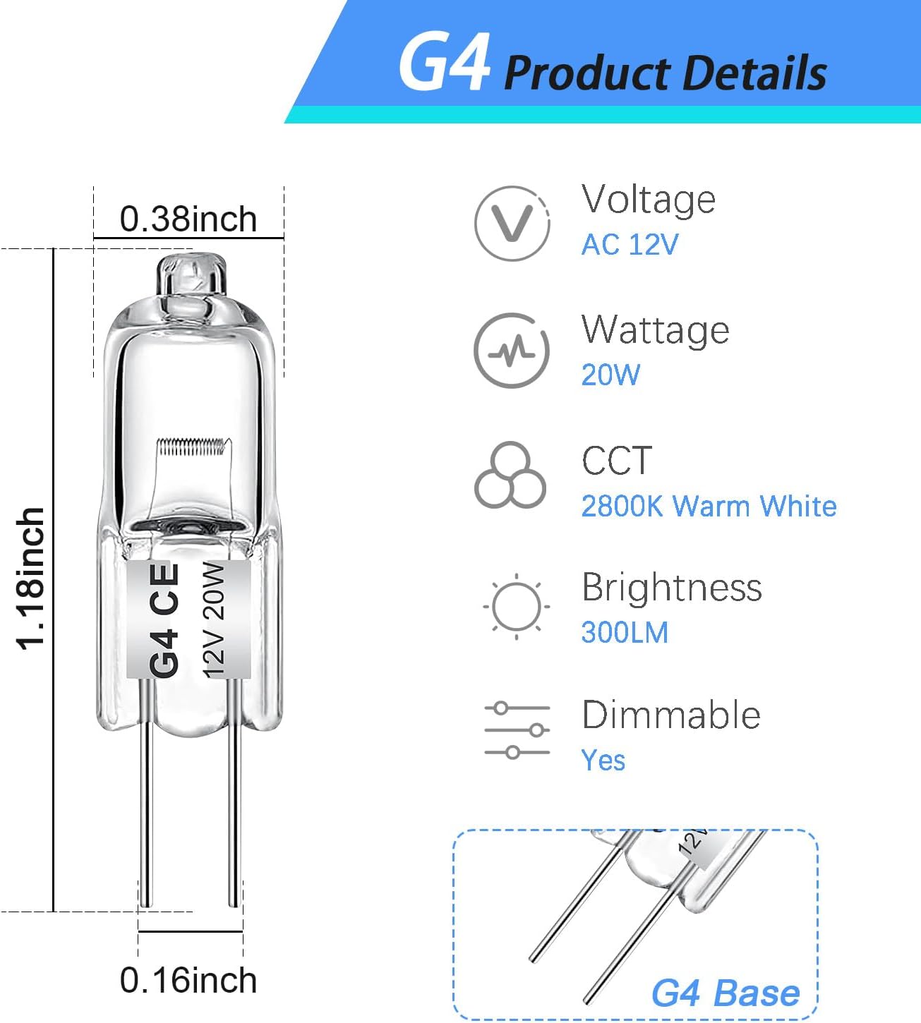 20W G4 Bulb,12V T3 Halogen Light Bulbs 2 Pin,G4 Light Bulbs Replacement for Under Cabinet Puck Light,Chandeliers, Accent Lights, Track Lighting (10 Pack)