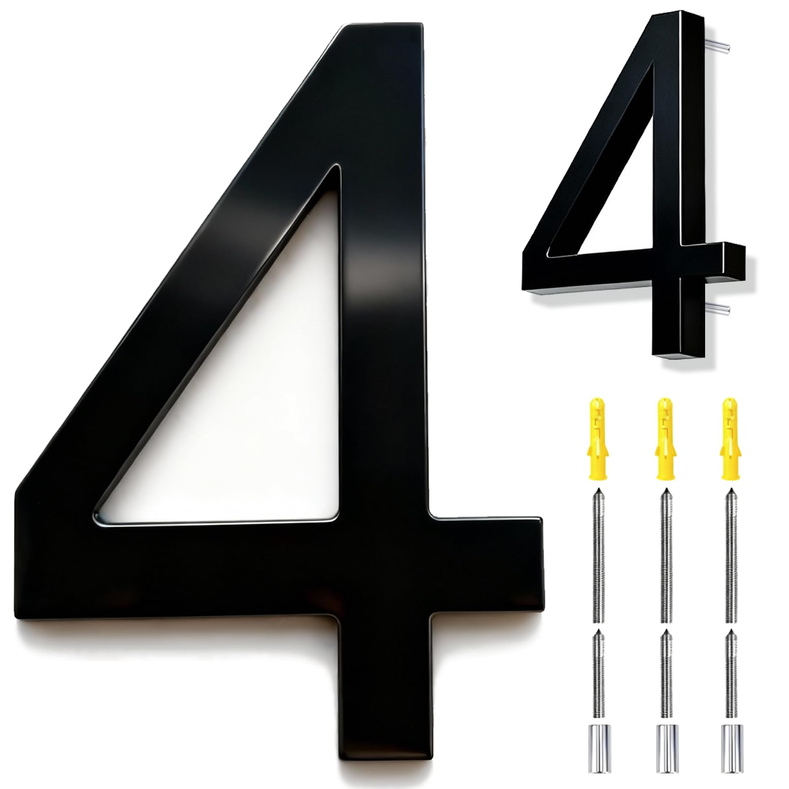 6 Inch House Numbers Black, 3D Floating Stainless Steel Address Door Number 6" with Nails Kit & Template, Zinc Alloy, Waterproof, Rust-resistant, Non-fading, for Home, Garage Gate, Street (4)