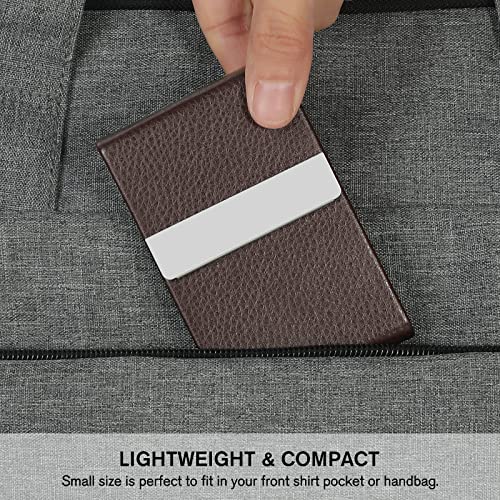 Image of ZIBUYU Business Card Holder Metal Visiting Card Case Classy Card Holder for Women & Men PU Leather Wallet Card Case with Metal Magnetic Clasp, 20 Cards (6x9.5cm) - Coffee Brown