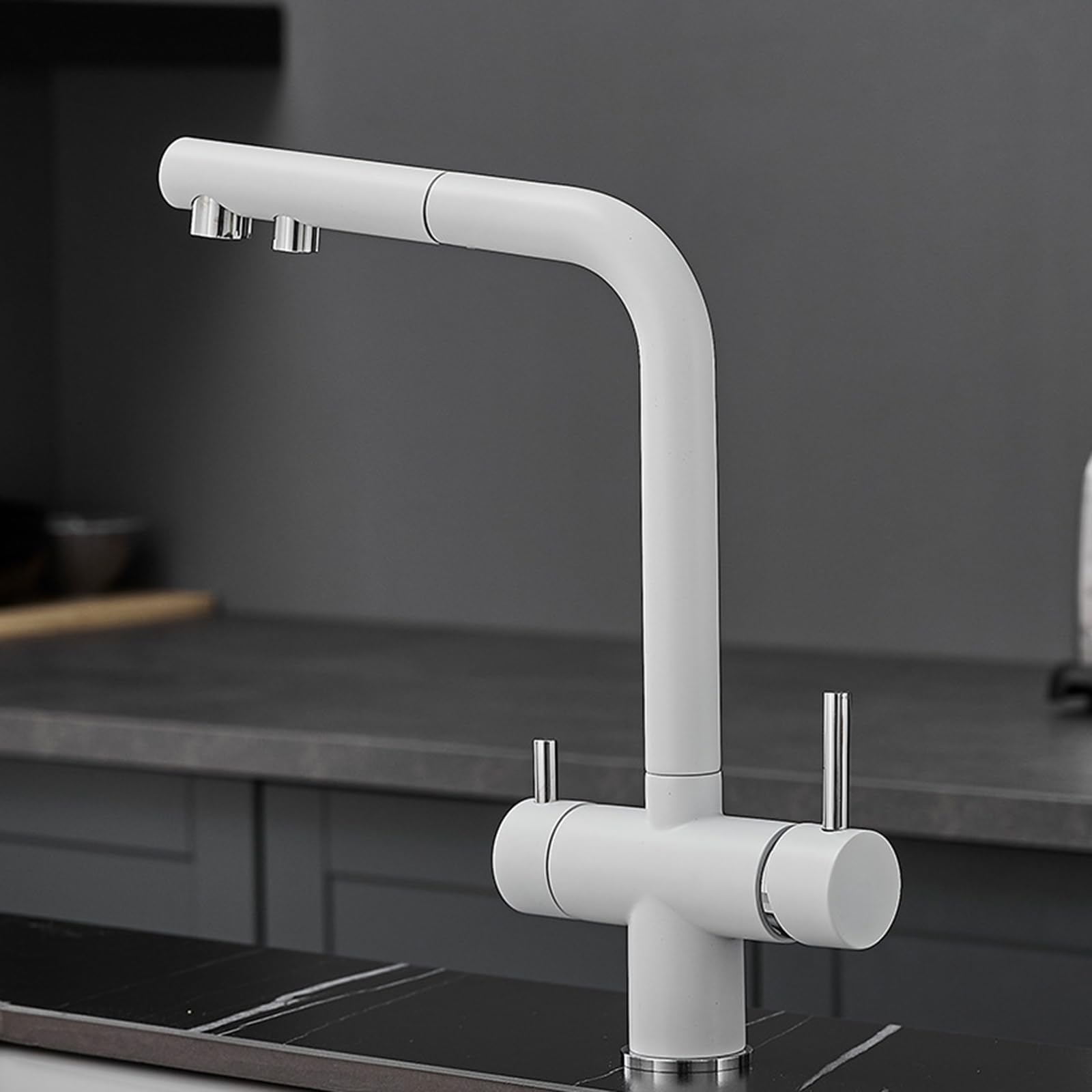 Miscelatore Cucina 3 Vie Estraibile Bianco Rubinetto Lavello Cucina 3 Vie per Depuratore Ottone-Bianco