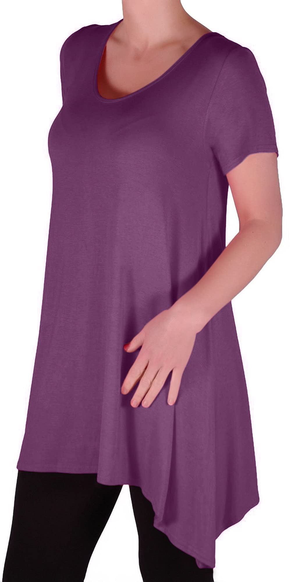 Eye Catch Women's Aubergine - Geneva Casual Uneven Hem Short Sleeve Loose Plain T-Shirt Tunic Top Size 26-28