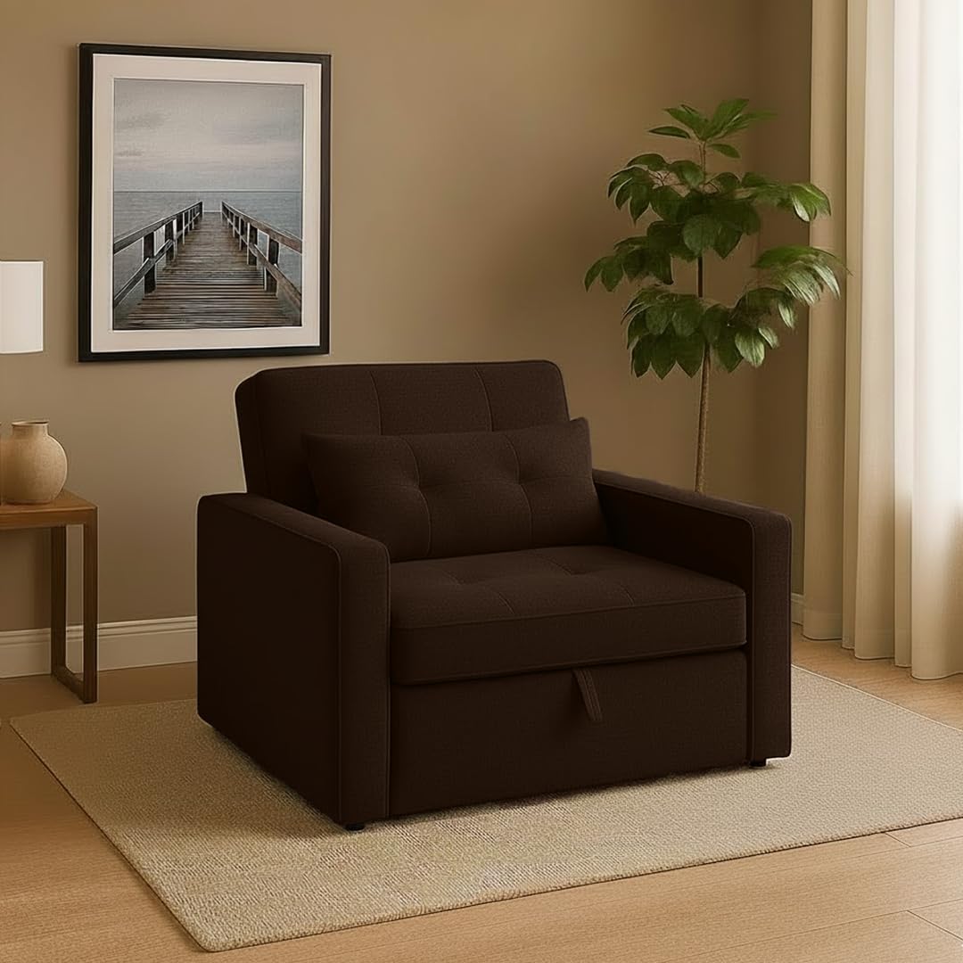 CASASTYLE Trissa 1 Seater Fabric Pull-Out Sofa Cum Bed (Dark Brown) – Premium Velvet Finish – Durable Comfort – Ideal for Living Room CASASTYLE Trissa 1 Seater Fabric Pull-Out Sofa Cum Bed (Dark Brown) – Premium Velvet Finish – Durable Comfort – Ideal for Living Room