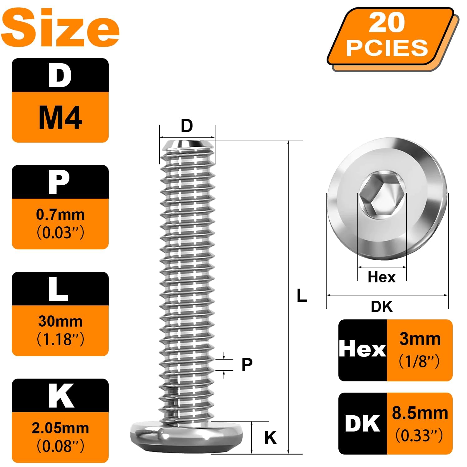 20Pcs M4 Furniture Bolts, M4 x 30mm Flat Head Hex Socket Cap Screws Bolts - Image 2