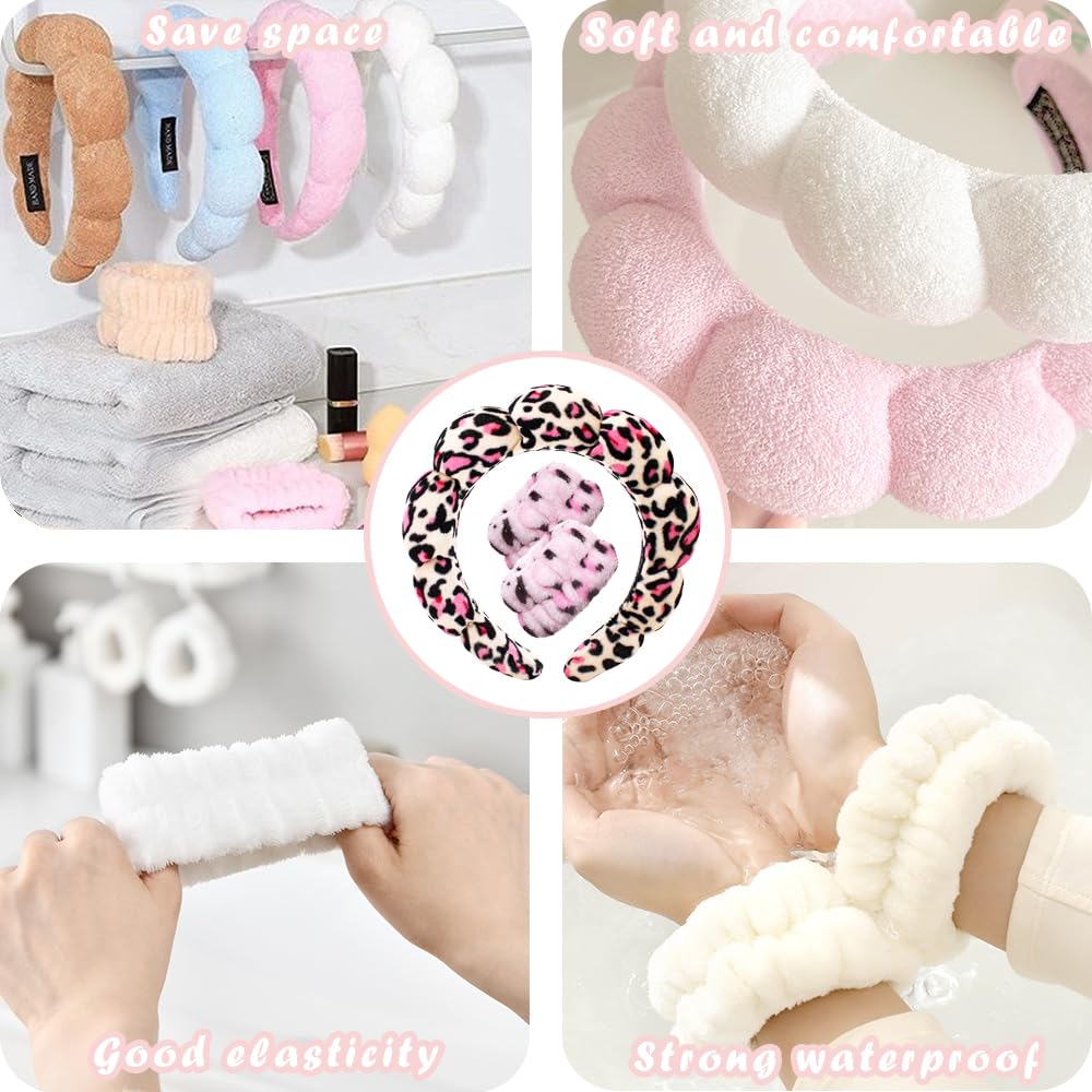 Opaski spa do mycia twarzy opaska na nadgarstek zestaw gąbka makijaż pielęgnacja skóry opaska na nadgarstek ręczniki bąbelkowe miękki ręcznik frotte tkanina opaska do włosów dla kobiet bufiaste